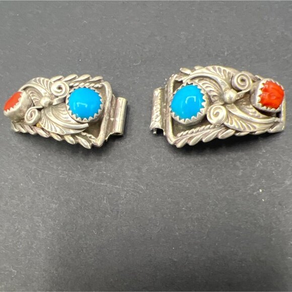 Vintage Watch Band Tips Extenders Sterling Silver Coral Turquoise Southwest - Picture 1 of 6